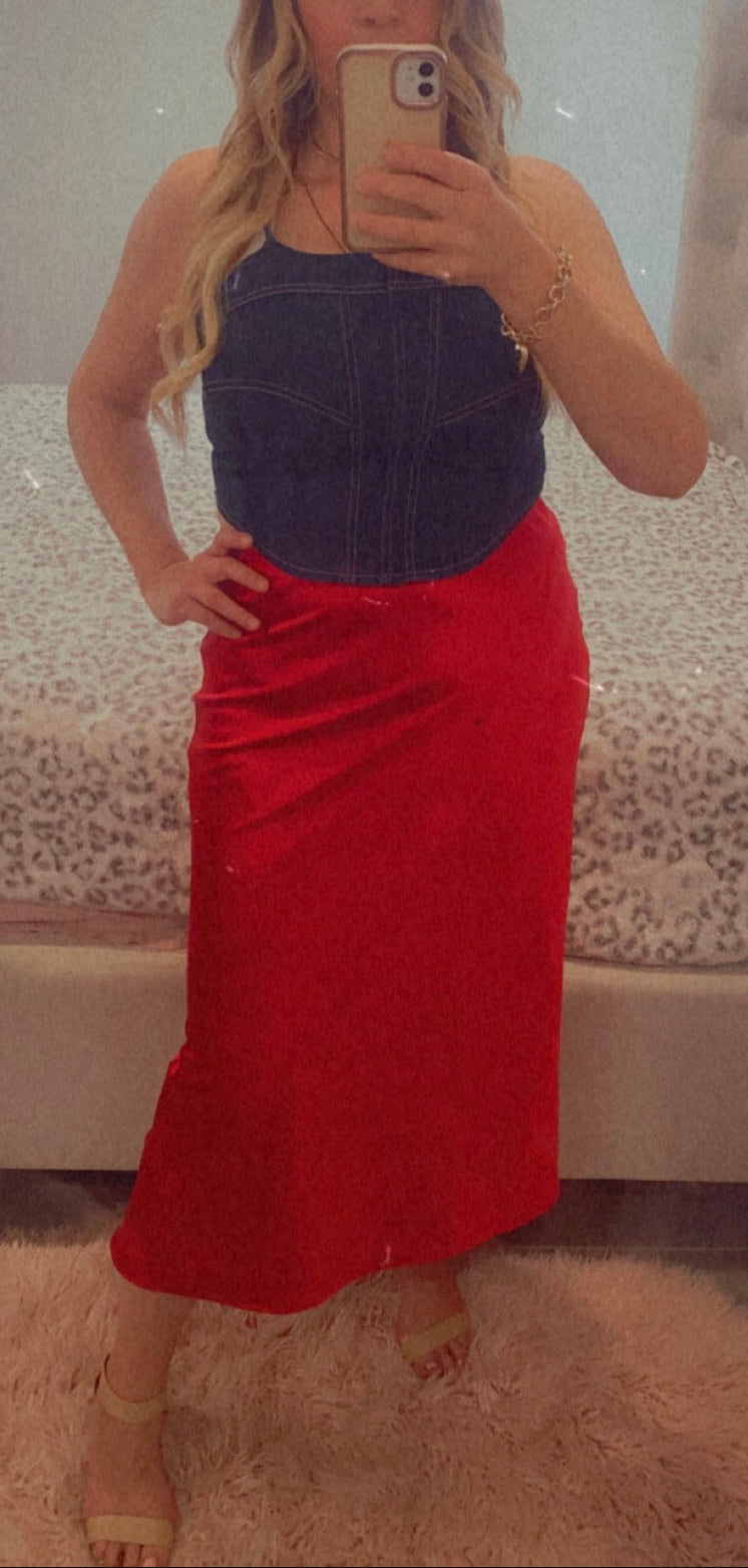 Red Midi Satin Skirt